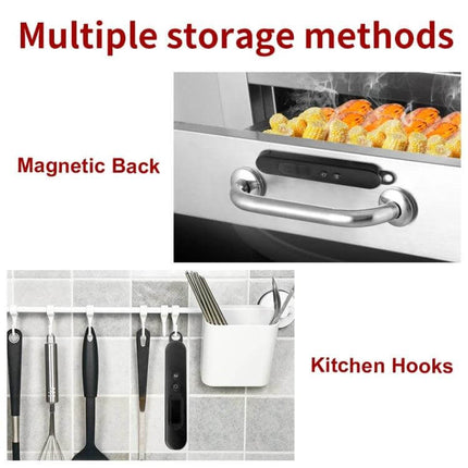 Folding Digital Meat Thermometer Wireless Instant Read For Grilling showing magnetic back on oven handle and hanging on kitchen hooks