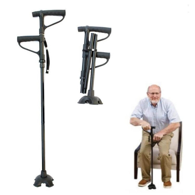 Folding Double Handle Elderly Crutches With Lights 86 To 98 Cm - black folding double-handle crutch with LED lights, non-slip handles and large base, shown folded and in use by senior