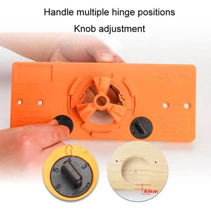 Fonson 35mm Woodworking Hinge Hole Opener Locator for Doors orange ABS locator showing knob adjustment and multiple hinge positions
