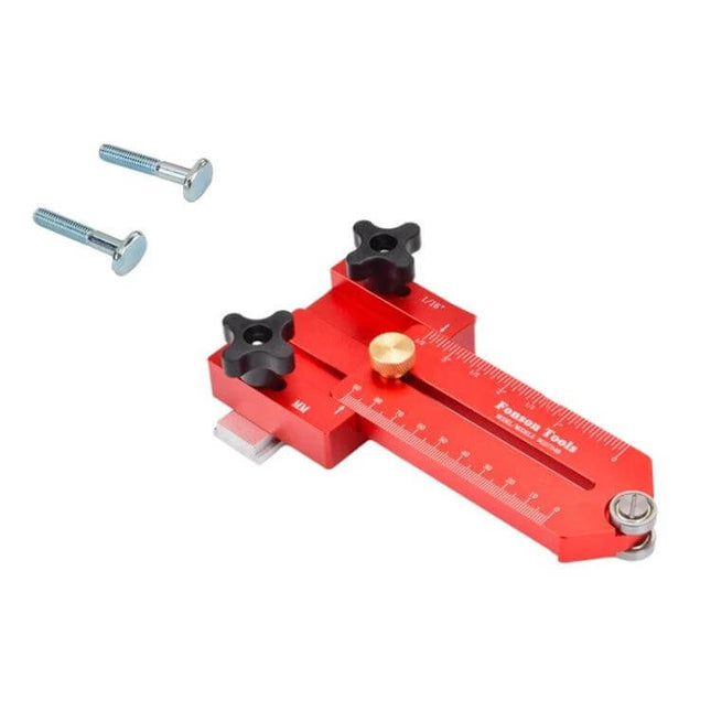 Fonson Woodworking Roller Table Saw Guide Stopper Dual Scale red metal positioning accessory with dual metric/imperial scale for precise cuts