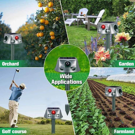 Four-Sided Solar Animal Repeller for Outdoor Use at Home - four-sided ultrasonic solar animal deterrent in garden orchard farmland and golf course