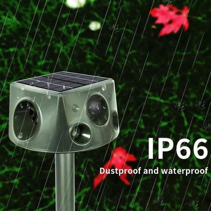 Four-Sided Solar Animal Repeller for Outdoor Use at Home - IP66 waterproof solar ultrasonic animal deterrent for gardens and yards
