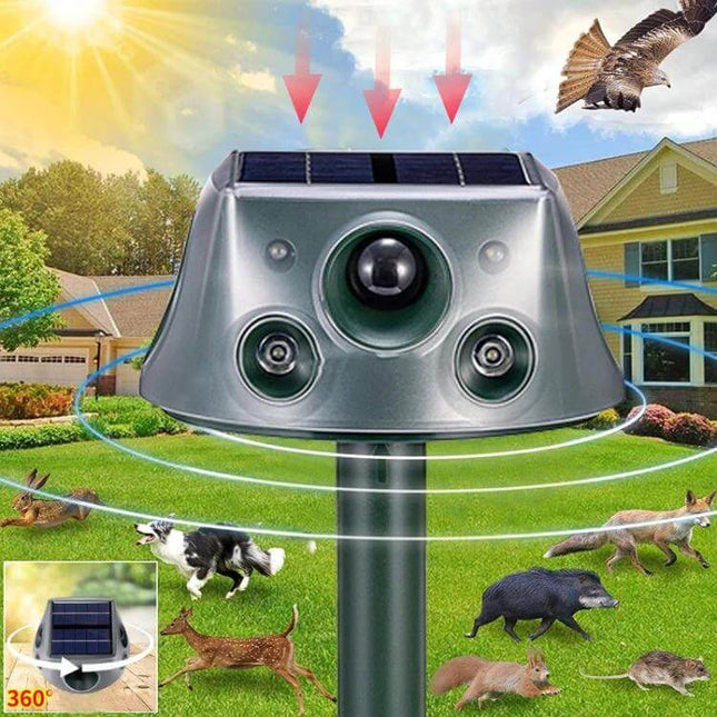 Four-Sided Solar Animal Repeller for Outdoor Use at Home - solar-powered ultrasonic animal deterrent with dual horns and motion sensors for gardens