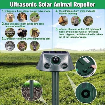 Four-Sided Solar Animal Repeller for Outdoor Use at Home - four-sided ultrasonic solar garden animal deterrent with sensors and dual horns