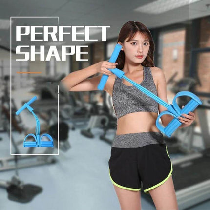 Four-Tube Pedal Puller Sit-Ups Aid For Abdomen Home Workouts shown in gym with woman demonstrating blue four-tube pedal puller for core and waist training