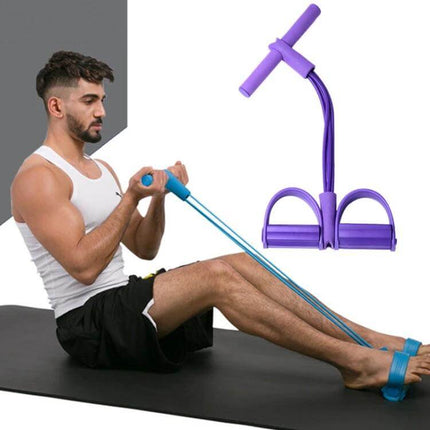 Four-Tube Pedal Puller Sit-Ups Aid For Abdomen Home Workouts showing man doing sit-ups with purple four-tube pedal puller on mat