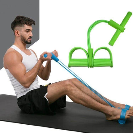 Four-Tube Pedal Puller Sit-Ups Aid For Abdomen Home Workouts showing man performing seated core exercise with green four-tube pedal device