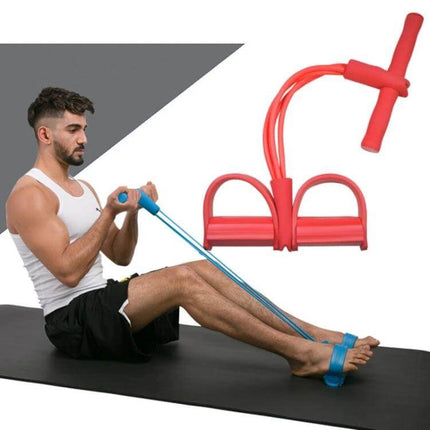 Four-Tube Pedal Puller Sit-Ups Aid For Abdomen Home Workouts showing man performing seated sit-up with foot pedals and foam handles