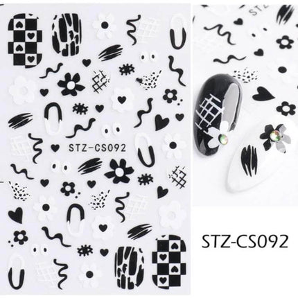 French Style Manicure Nail Sticker Set Pop Stripe Line For Home Use - black and white vinyl nail stickers with stripes, flowers, hearts and checkerboard designs