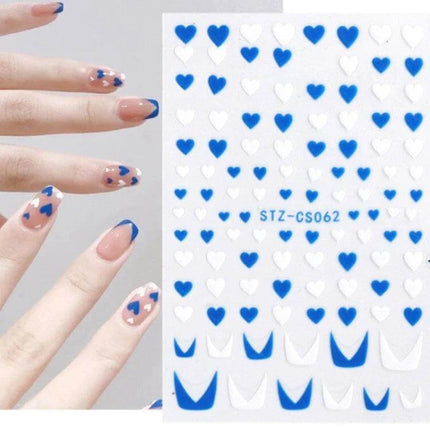French Style Manicure Nail Sticker Set Pop Stripe Line For Home Use blue and white heart and smile French tips on nails