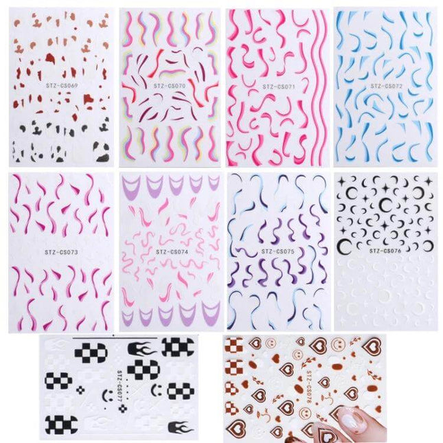 French Style Manicure Nail Sticker Set Pop Stripe Line For Home Use - colorful vinyl stripe and accent nail stickers sheets for DIY French manicures
