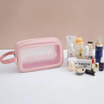 Frosted Translucent Waterproof Storage Bags 2 Pack For Travel Pink frosted toiletry bag with cosmetics and clear window