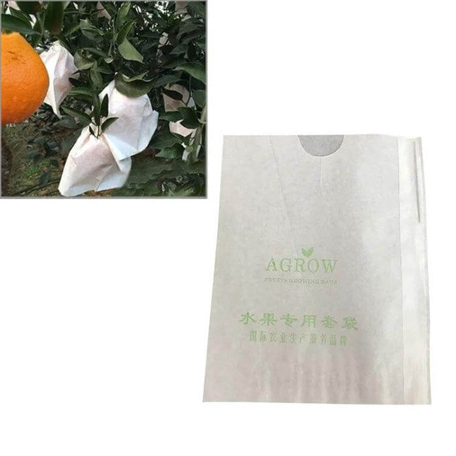 Fruit Protective Bags 15x19/16x20/17x21 cm, 100 Pack - white water-repellent fruit protection bags shown on tree and flat