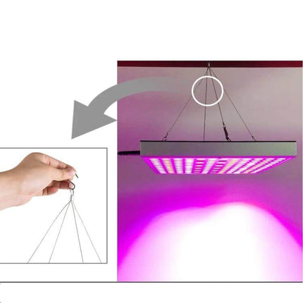 Full Spectrum Plant Grow Light For Indoor Seedlings hanging LED panel with pink purple light over seedlings, 45W 144-LED hydroponic grow lamp