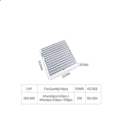 Full Spectrum Plant Grow Light For Indoor Seedlings 45W 144-LED panel for seedlings, hydroponics, grow tents with UV/IR/Red/Blue/White spectrum