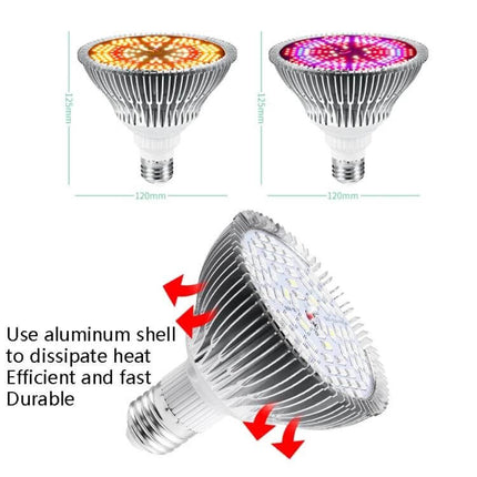 Full Spectrum Indoor Plant Growth Light For Home Garden Use — aluminum heat-dissipating LED bulb showing red and pink sunlight modes, 120mm diameter