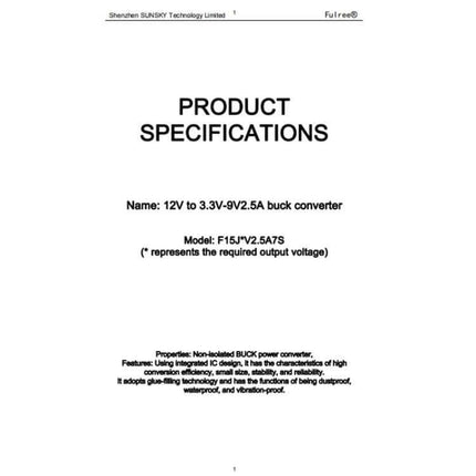 Fulree Ultra-Thin Vehicle DC Power Converter, 12V To Multiple Voltages product specifications sheet showing 12V to 3.3V-9V 2.5A buck converter details