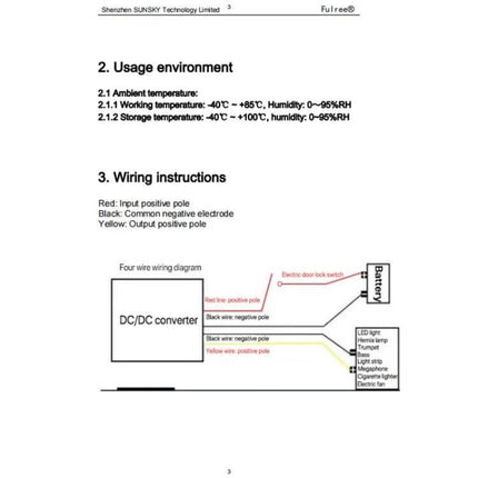 Fulree Ultra-Thin Vehicle DC Power Converter, 12V To Multiple Voltages wiring diagram and usage environment page showing 11mm-thin DC-DC converter connections