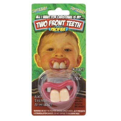 Funny Silicone Baby Pacifier With Two Front Teeth For Calming Crying - food-grade silicone novelty pacifier in packaging, two front teeth design, baby gag gift