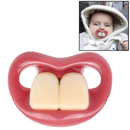 Funny Silicone Baby Pacifier With Two Front Teeth For Calming Crying - red food-grade silicone pacifier with two fake front teeth shown and baby wearing it