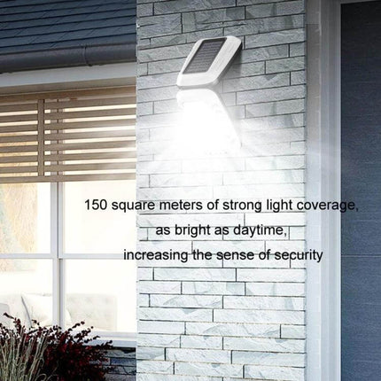 Garden Remote Control Solar Lights For Outdoor Use mounted on brick wall illuminating patio with sensor and remote control