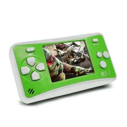 Portable Retro Handheld Game Console with Built-in Classic Games — green slim 2.5-inch portable retro handheld game console shown playing classic action game