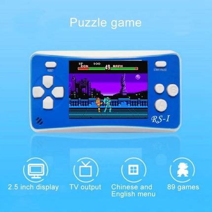Portable Retro Handheld Game Console with Built-in Classic Games slim blue 2.5-inch display showing side-scrolling retro fight game, TV output and 89 games