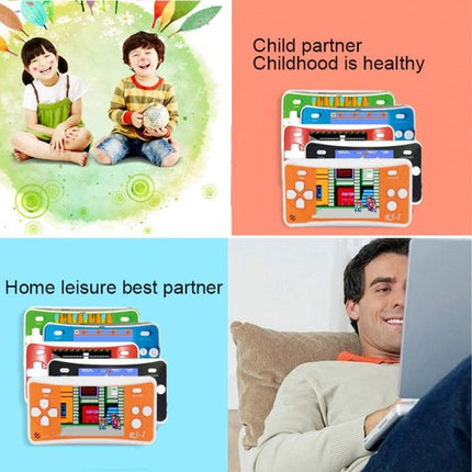 Portable Retro Handheld Game Console with Built-in Classic Games shown in orange, black and blue on a 2.5-inch color display, ideal for travel and home