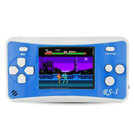 Portable Retro Handheld Game Console with Built-in Classic Games blue slim 2.5-inch display showing fighting game, portable travel handheld