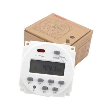 Digital LCD Timer Switch for Daily Scheduling Programs – white digital timer with LCD display and control buttons, boxed unit for home automation