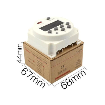 Digital LCD Timer Switch for Daily Scheduling Programs - compact white programmable timer with LCD, buttons and dimensions 68x67x44mm for home automation