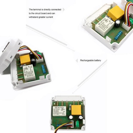 Digital LCD Timer Switch for Daily Scheduling Programs showing internal circuit board, relay, rechargeable battery and wiring for home automation