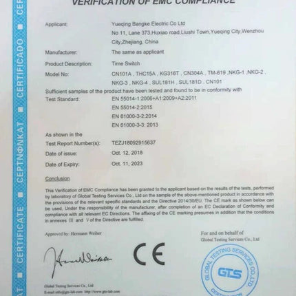 Digital LCD Timer Switch for Daily Scheduling Programs shown near EMC compliance certificate for safety and energy-saving scheduling