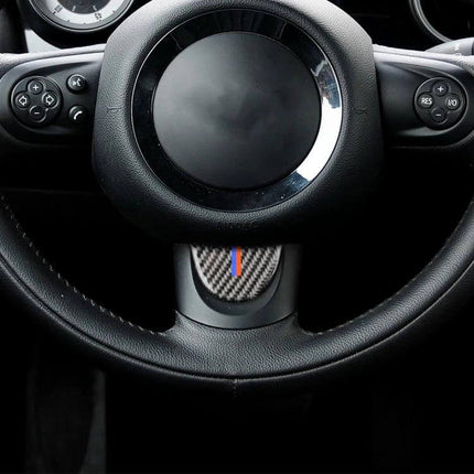 Carbon Fiber Decorative Sticker for BMW Mini Steering Wheel in Red and Blue on black Mini steering wheel center with carbon fiber texture