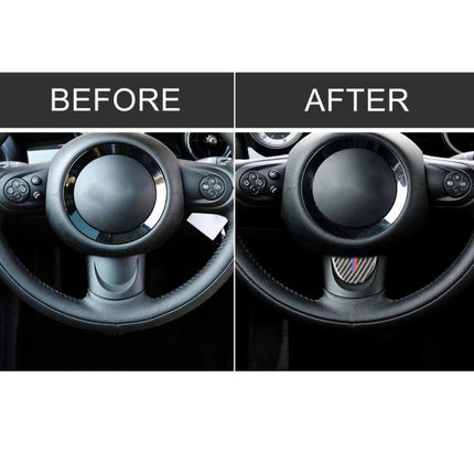 Carbon Fiber Decorative Sticker for BMW Mini Steering Wheel in Red and Blue — before and after steering wheel installation
