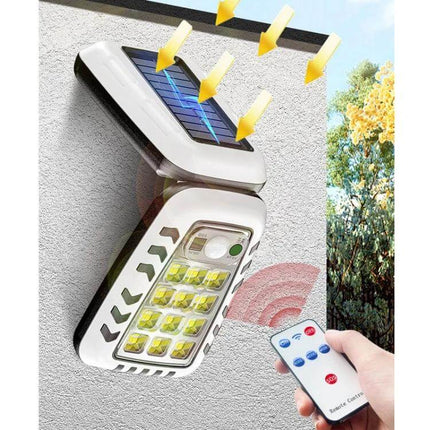 Garden Remote Control Solar Lights For Outdoor Use mounted on wall with solar panel, 126 LED beads and remote control, rugged ABS body, daytime charging