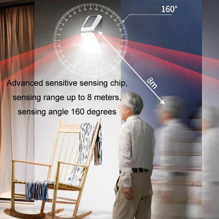 Garden Remote Control Solar Lights For Outdoor Use showing 160° sensor coverage and 8m range illuminating a patio with rocking chair and walking person