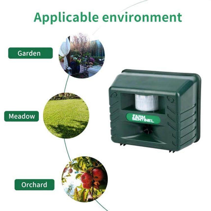 Garden Ultrasonic Rat and Snake Repeller for Outdoor Use showing green weather-resistant unit pictured for garden meadow orchard coverage