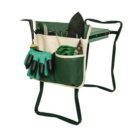 Gardening Bench Cart Tool Storage Bag Blue White Stripe hanging on green kneeler with gloves trowel pruners and pockets
