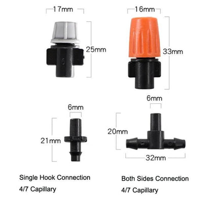 Gardening Drip Irrigation Accessories Orange Spray Head shown with measurements, single hook and both sides 4/7 capillary connections