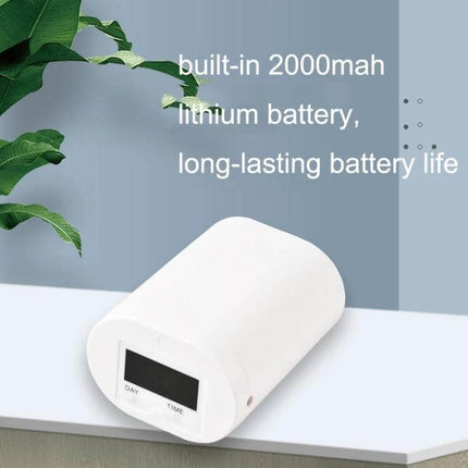 Gardening Intelligent Automatic Flower Watering Machine Two Nozzle white cylindrical timer unit with built-in 2000mah lithium battery on shelf