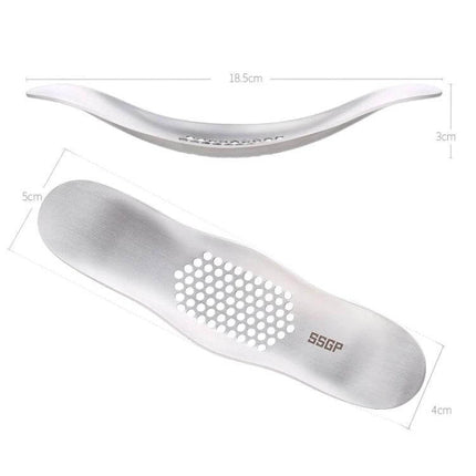 Garlic Press Stainless Steel For Everyday Garlic Crushing - compact 304 stainless hand-held press with ergonomic curved design and perforated grating