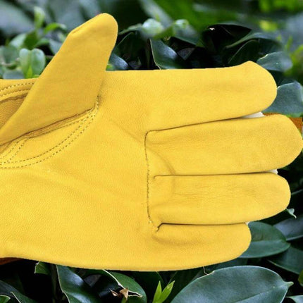 Genuine Leather Stab-Resistant Garden Gloves For Pruning And Yard Work - Yellow sheepskin palm with cowhide cuff for pruning and light yard work