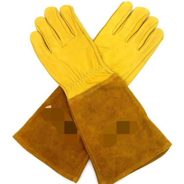 Genuine Leather Stab-Resistant Garden Gloves For Pruning And Yard Work - yellow sheepskin palm with cowhide cuff, reinforced anti-stab protection for pruning