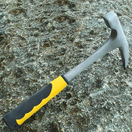 Geological Exploration Tool Pointed Arc Hammer For Field Use with rubber-coated handle and 45 steel head on rock