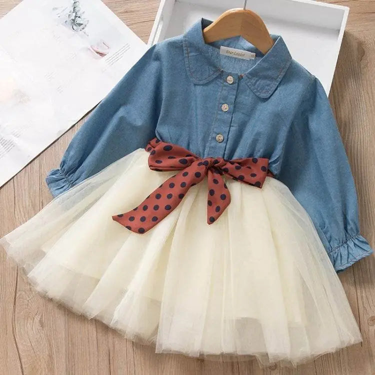 Girls Dress Denim Stitching Mesh Skirt Removable Belt 90-130