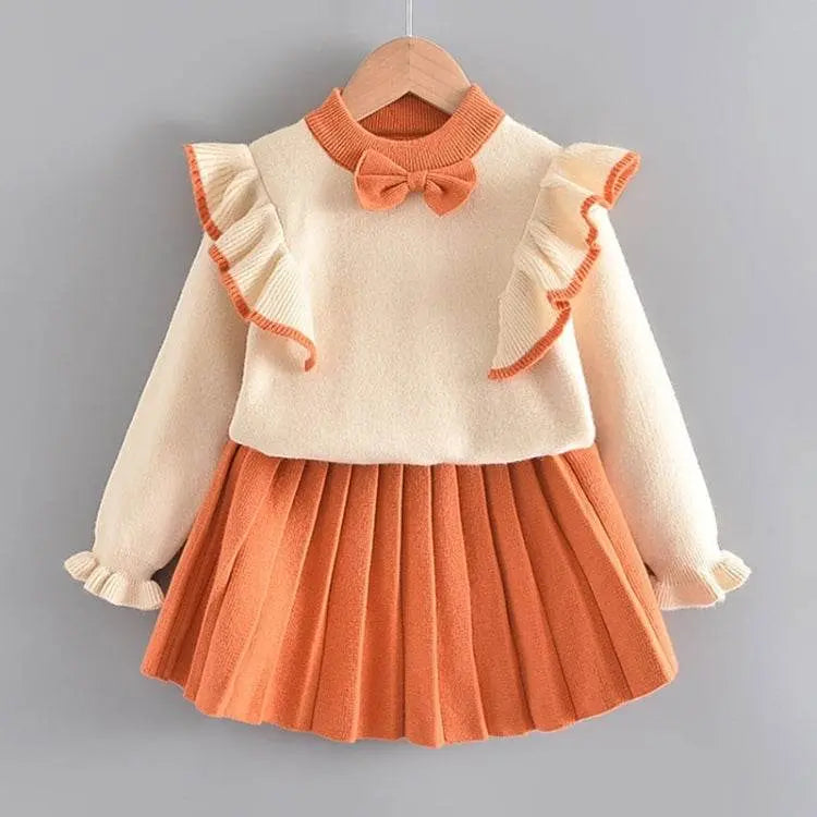 Girls Flying Sleeve Knitted Sweater Suit in Pink and Orange