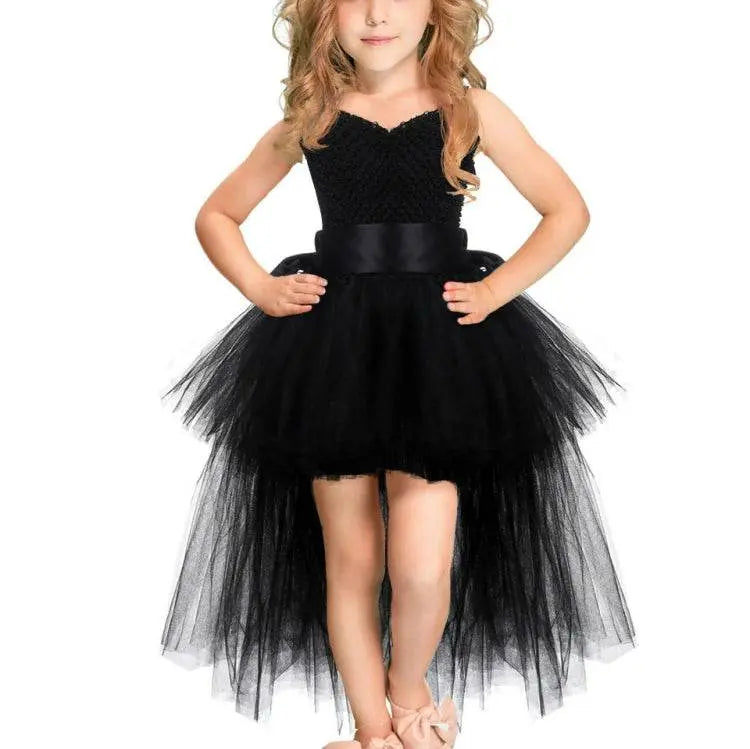 Girls Lace Sling Dress Mesh Tutu Party Dress Black Light Blue