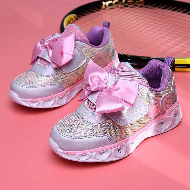 Girls Light Up Velcro Cartoon Sneakers With Cushioned Thicker Sole Pink iridescent kids shoes with bow, Velcro closure and light-up EVA sole