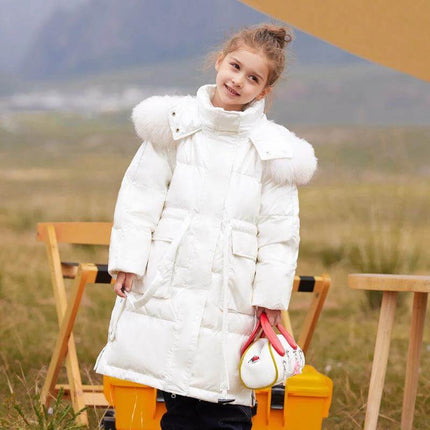Girls' Fashion Simple Mid-Length Thick Coat Pink For Everyday Wear - white polyester mid-length puffer coat for girls, school and casual outings